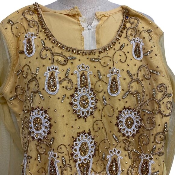 Vintage Yellow Embroidered Anarkali Dress With Beaded Details As Is - Picture 4 of 16